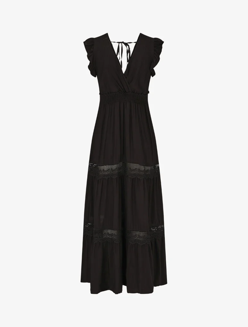 Langes, einfarbiges, durchbrochenes Kleid - Schwarz