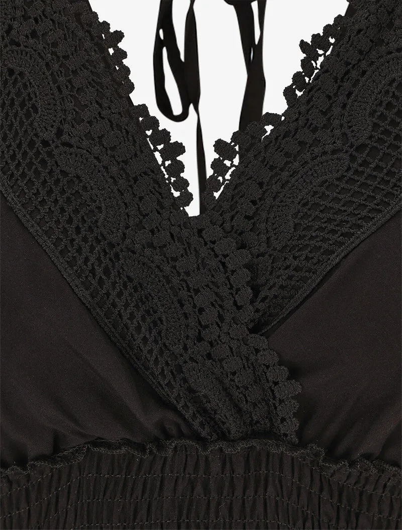 Langes, einfarbiges, durchbrochenes Kleid - Schwarz