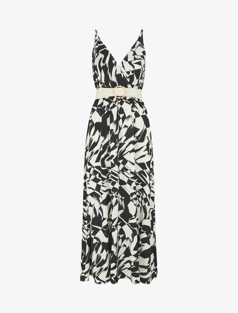 Grafikbedrucktes Kleid mit schmalen Trägern - Schwarz