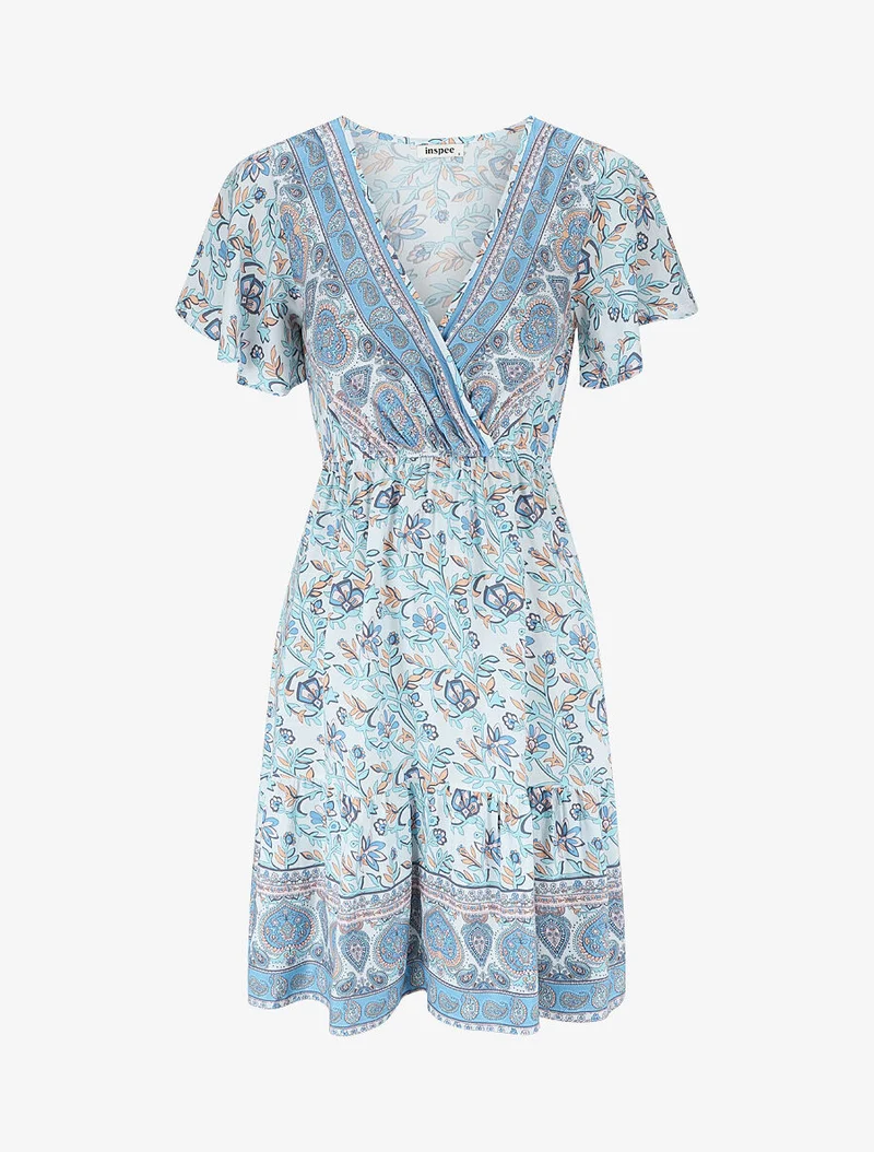 Kleid mit Schaldruck und Rüschenärmeln - Himmelblau