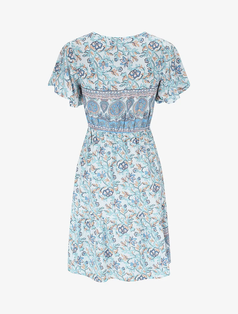 Kleid mit Schaldruck und Rüschenärmeln - Himmelblau