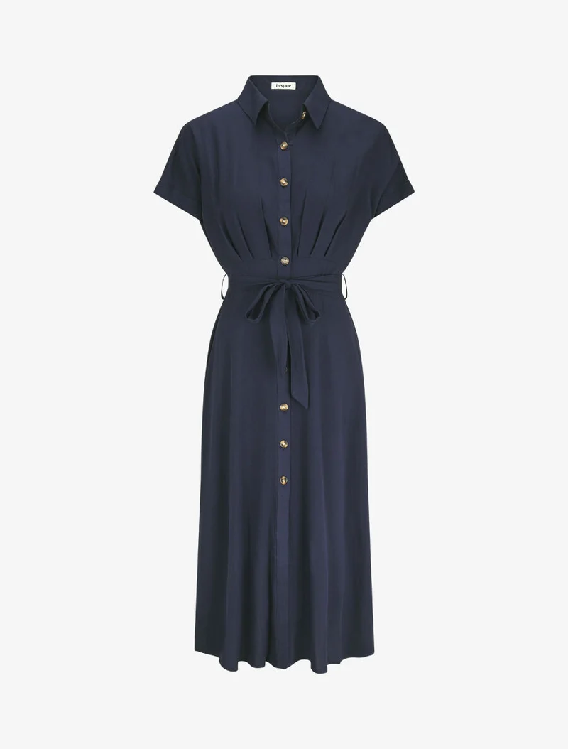 Langes, ausgestelltes, einfarbiges Hemdkleid - Marine