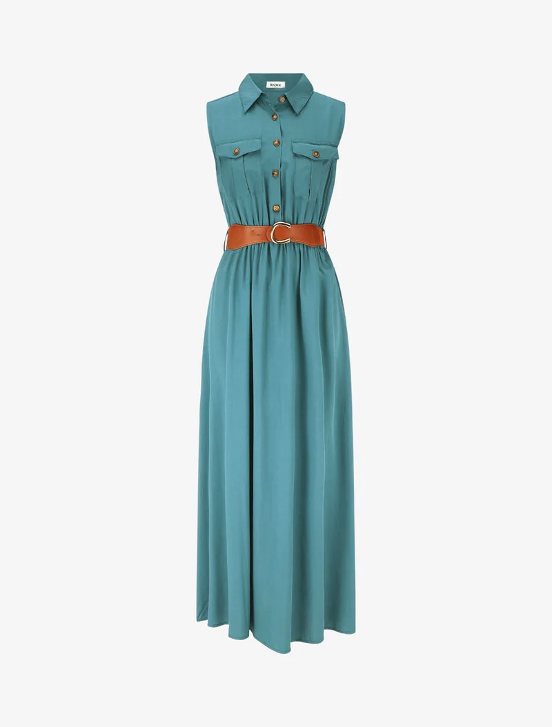 Ärmelloses einfarbiges langes Kleid - Entenblau