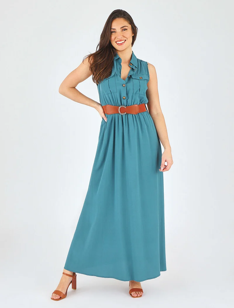 Ärmelloses einfarbiges langes Kleid - Entenblau
