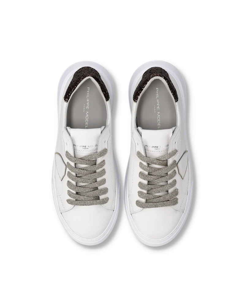 Sneakers Temple Women with Glitter Heel Tab, White Brown