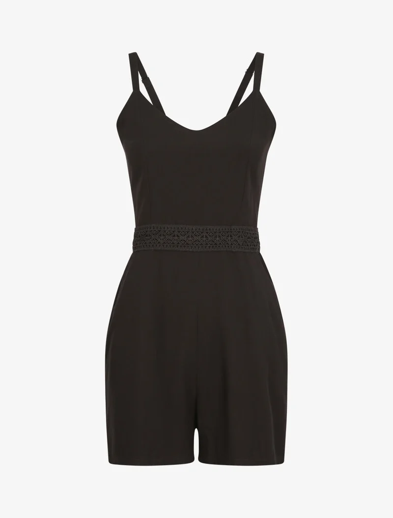 Gürtelter fließender Jumpsuit mit Spitzendetail - Schwarz