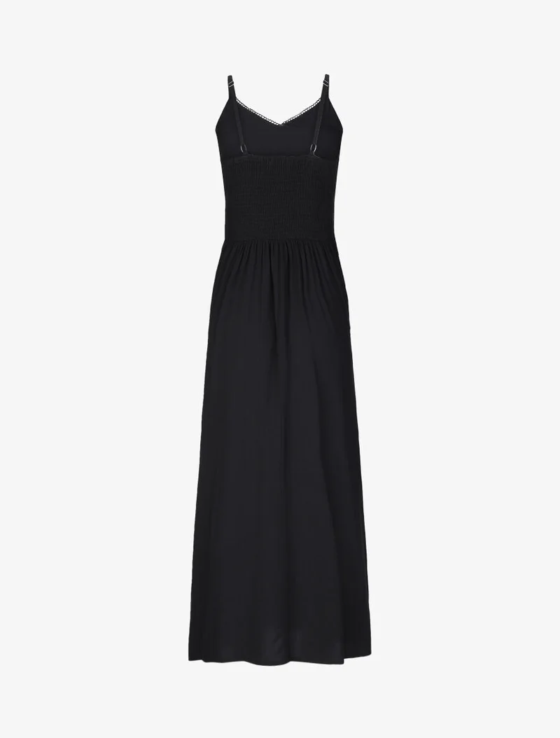 Einfarbiges, ausgestelltes langes Kleid mit Taillenpartie aus Häkelarbeit. - Schwarz