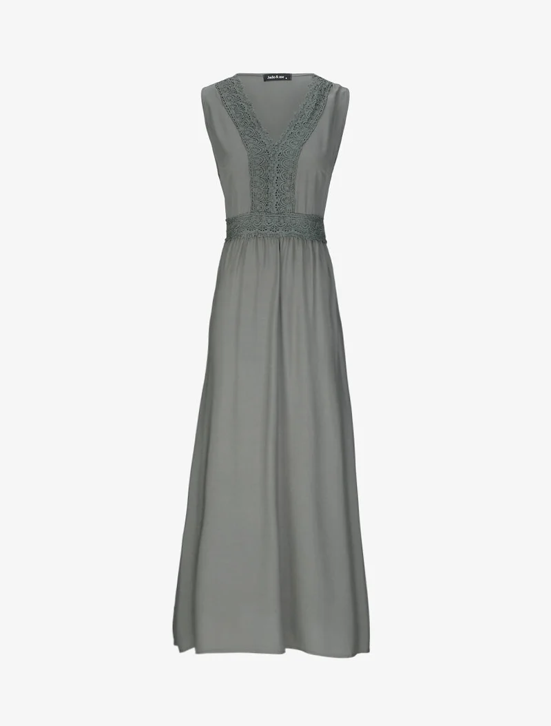 Langes, ausgestelltes einfarbiges Kleid mit Häkelkragen - Kaki