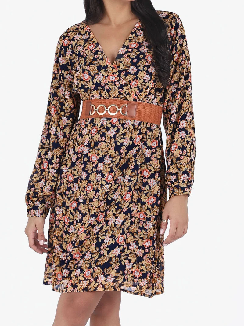 Midikleid mit Blumenmuster und schimmernden Details - Marine