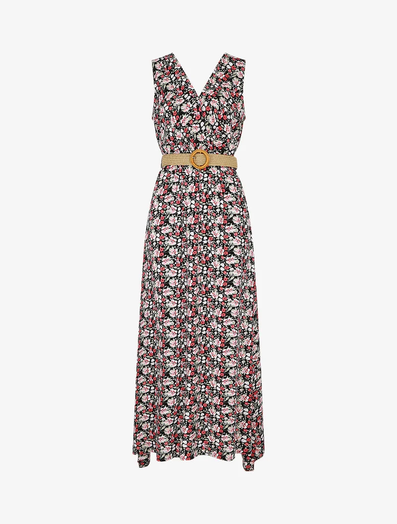 Langes Kleid mit kleinem Blumenmuster - Schwarz