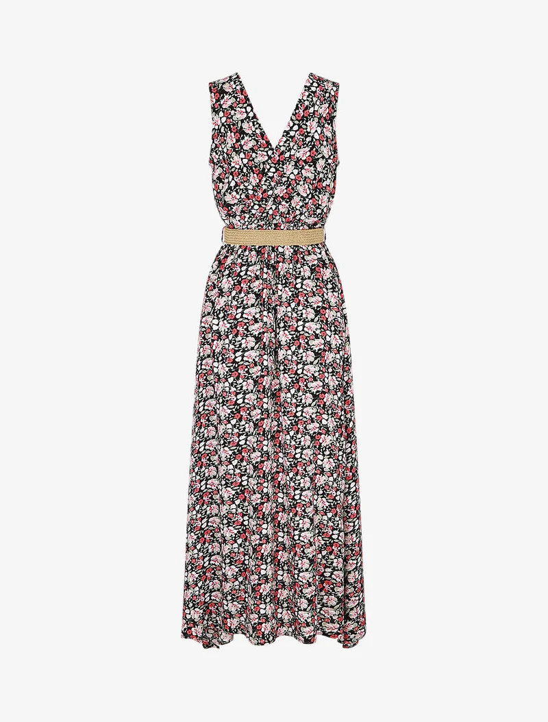 Langes Kleid mit kleinem Blumenmuster - Schwarz