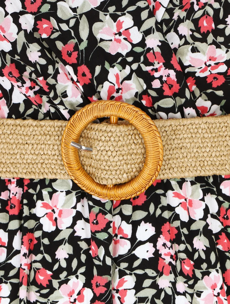 Langes Kleid mit kleinem Blumenmuster - Schwarz