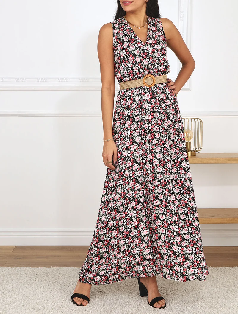 Langes Kleid mit kleinem Blumenmuster - Schwarz