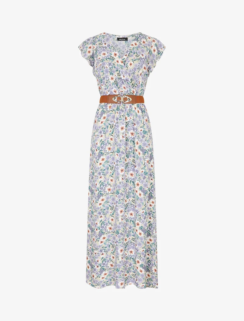 Langes Kleid mit Blumenmuster und Rüschenärmeln - Beige