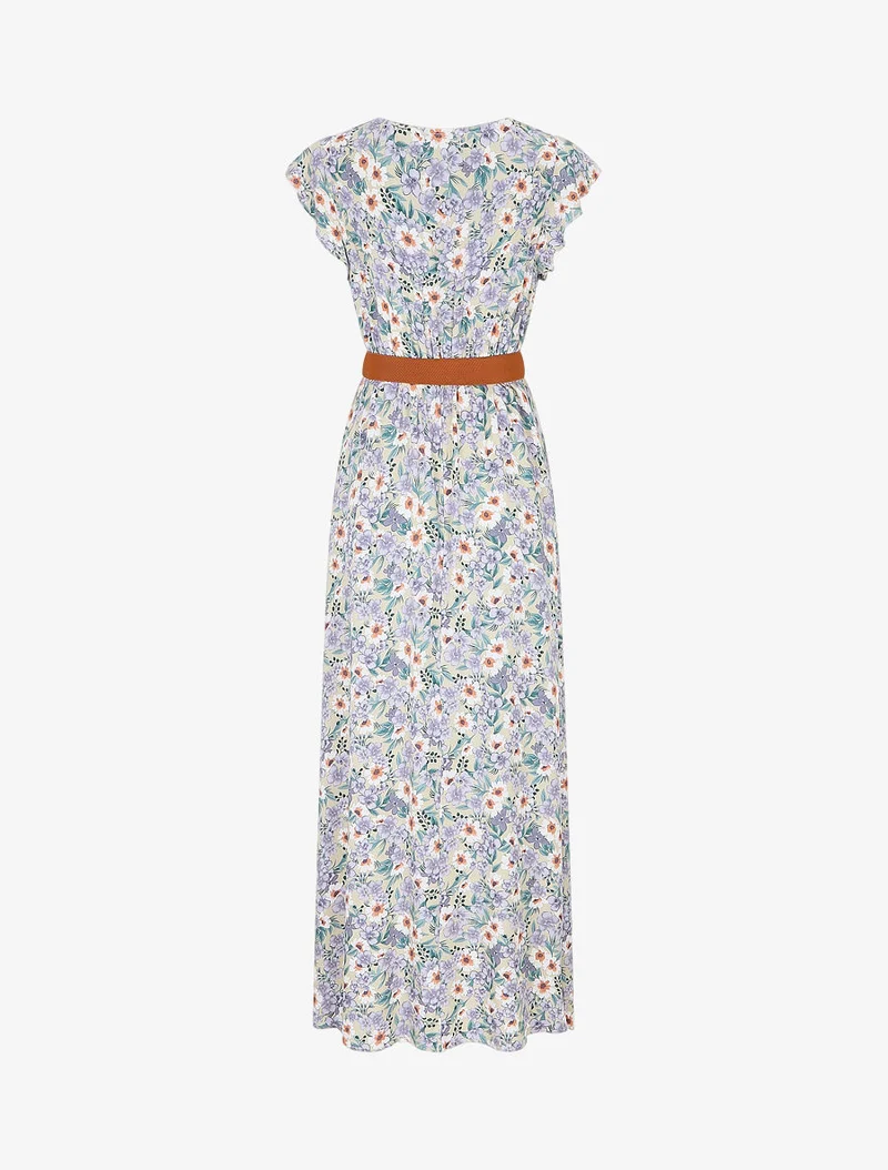 Langes Kleid mit Blumenmuster und Rüschenärmeln - Beige