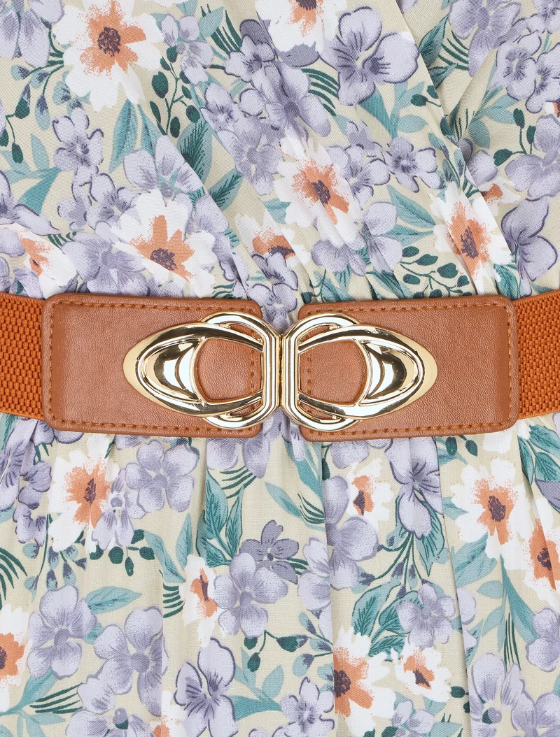 Langes Kleid mit Blumenmuster und Rüschenärmeln - Beige