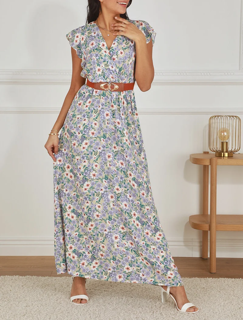 Langes Kleid mit Blumenmuster und Rüschenärmeln - Beige
