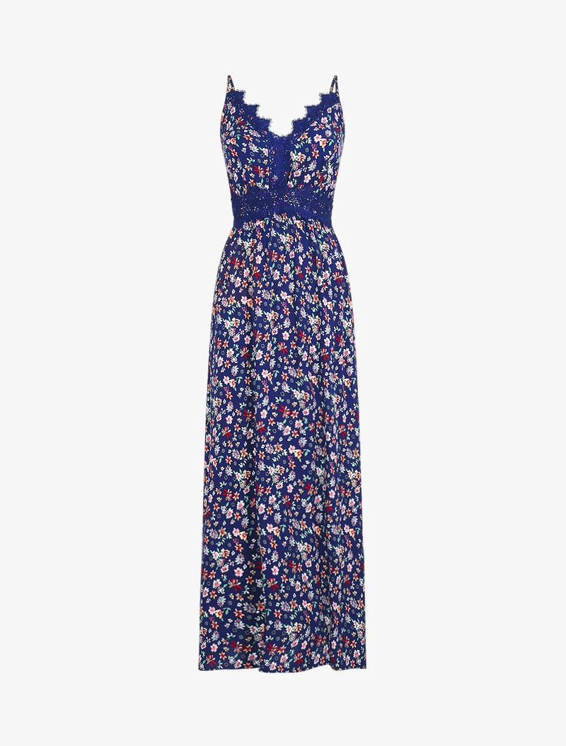 Langes Kleid mit Spitzenkragen und Blumenmuster - Marine