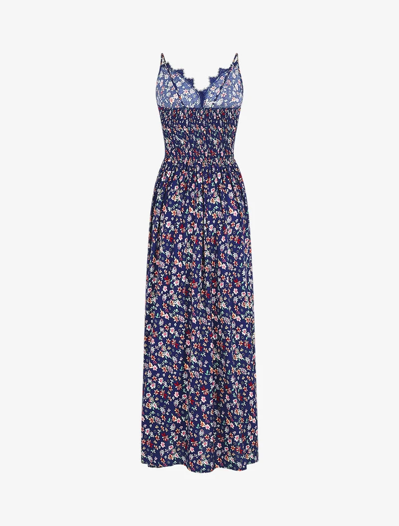 Langes Kleid mit Spitzenkragen und Blumenmuster - Marine