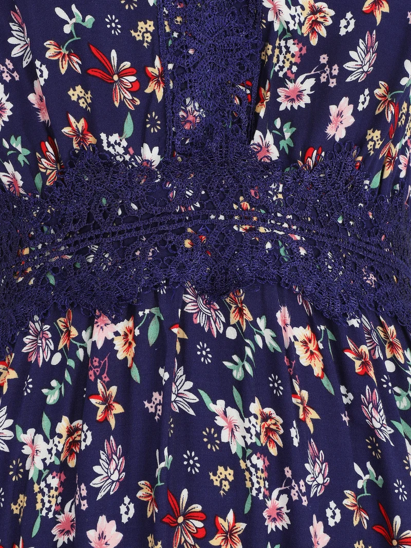 Langes Kleid mit Spitzenkragen und Blumenmuster - Marine