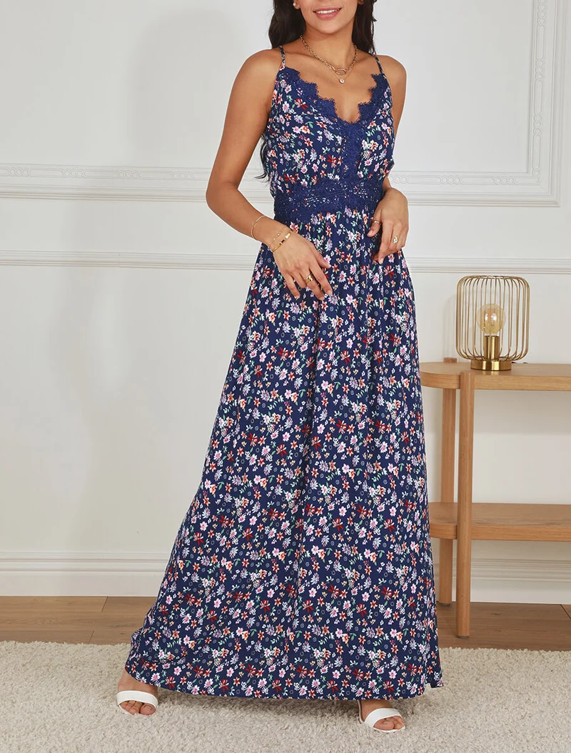 Langes Kleid mit Spitzenkragen und Blumenmuster - Marine