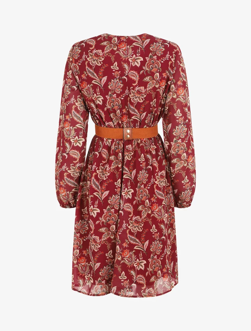 Kurzes, ausgestelltes Kleid mit Paisley-Print - Bordeaux