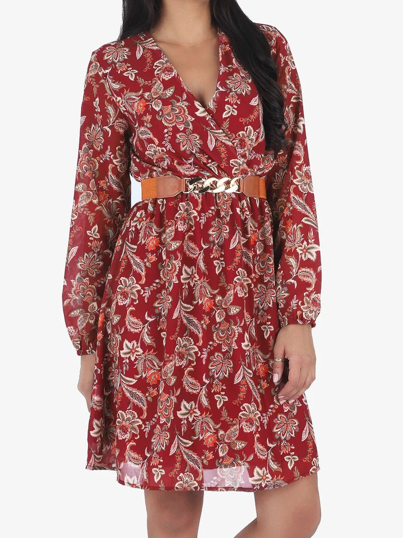 Kurzes, ausgestelltes Kleid mit Paisley-Print - Bordeaux