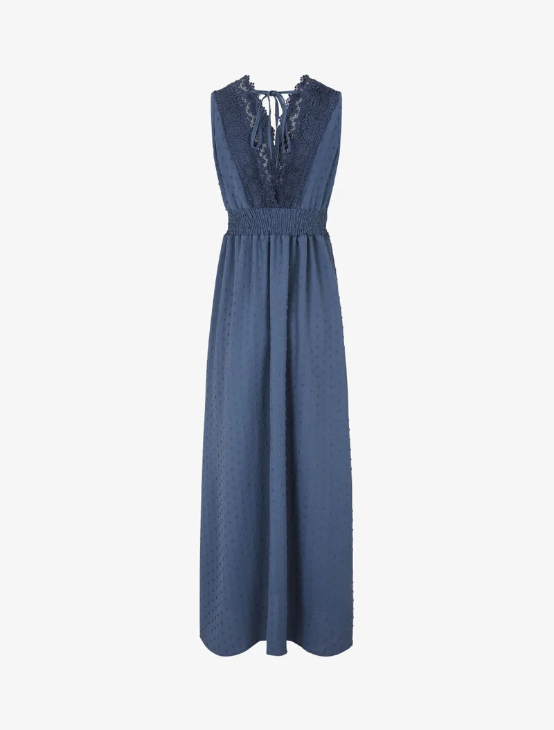 Langes einfarbiges strukturiertes Kleid - Blau