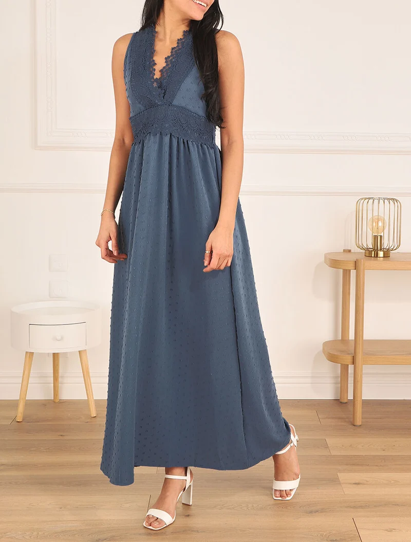 Langes einfarbiges strukturiertes Kleid - Blau