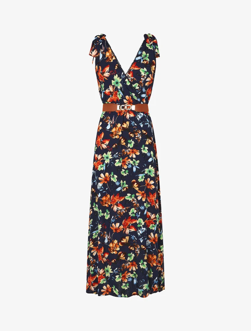 Kleid mit Blumenmuster und V-Ausschnitt - Marine