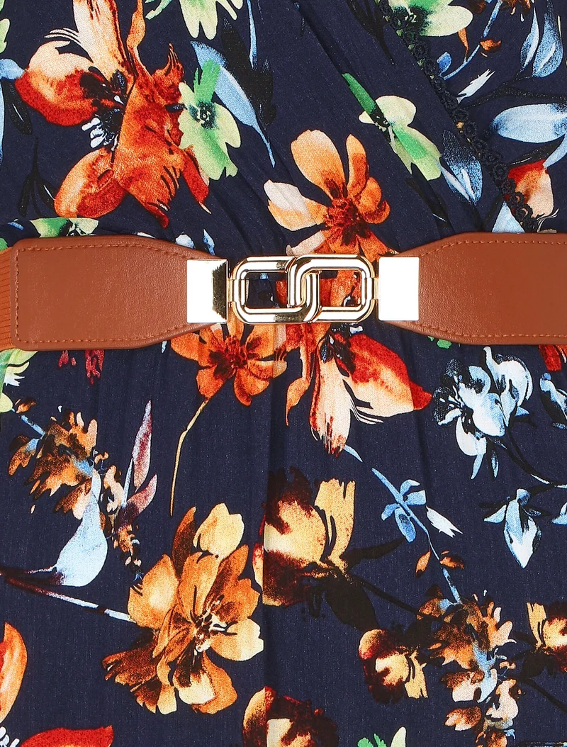 Kleid mit Blumenmuster und V-Ausschnitt - Marine