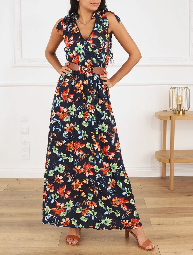 Kleid mit Blumenmuster und V-Ausschnitt - Marine