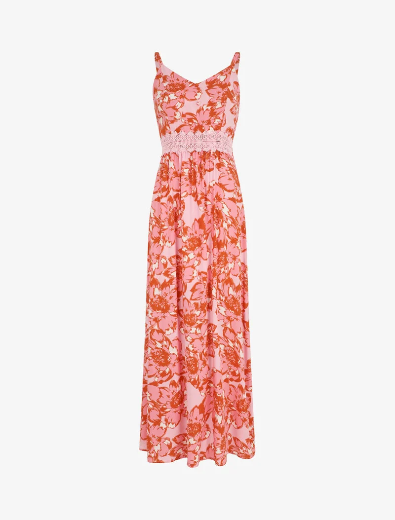 Langes Kleid mit Blumenmuster und Spitze - Rot