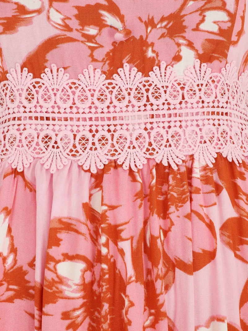Langes Kleid mit Blumenmuster und Spitze - Rot