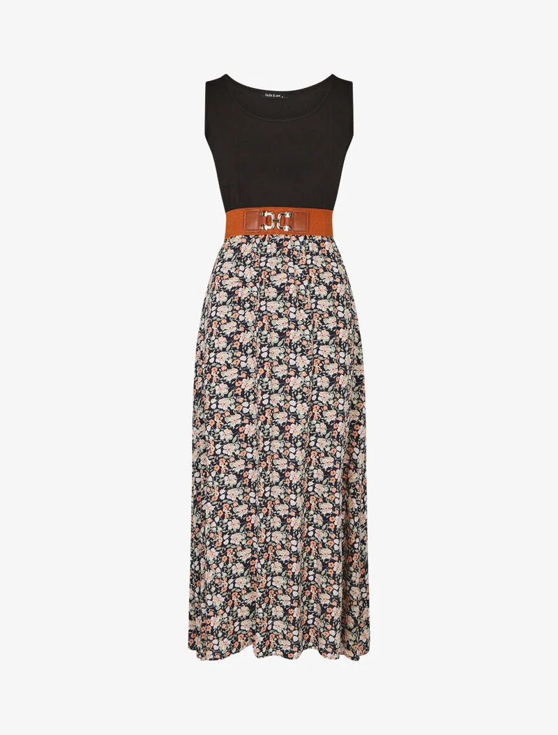 Zweifarbiges Kleid mit kleinem Blumenmuster - Marine