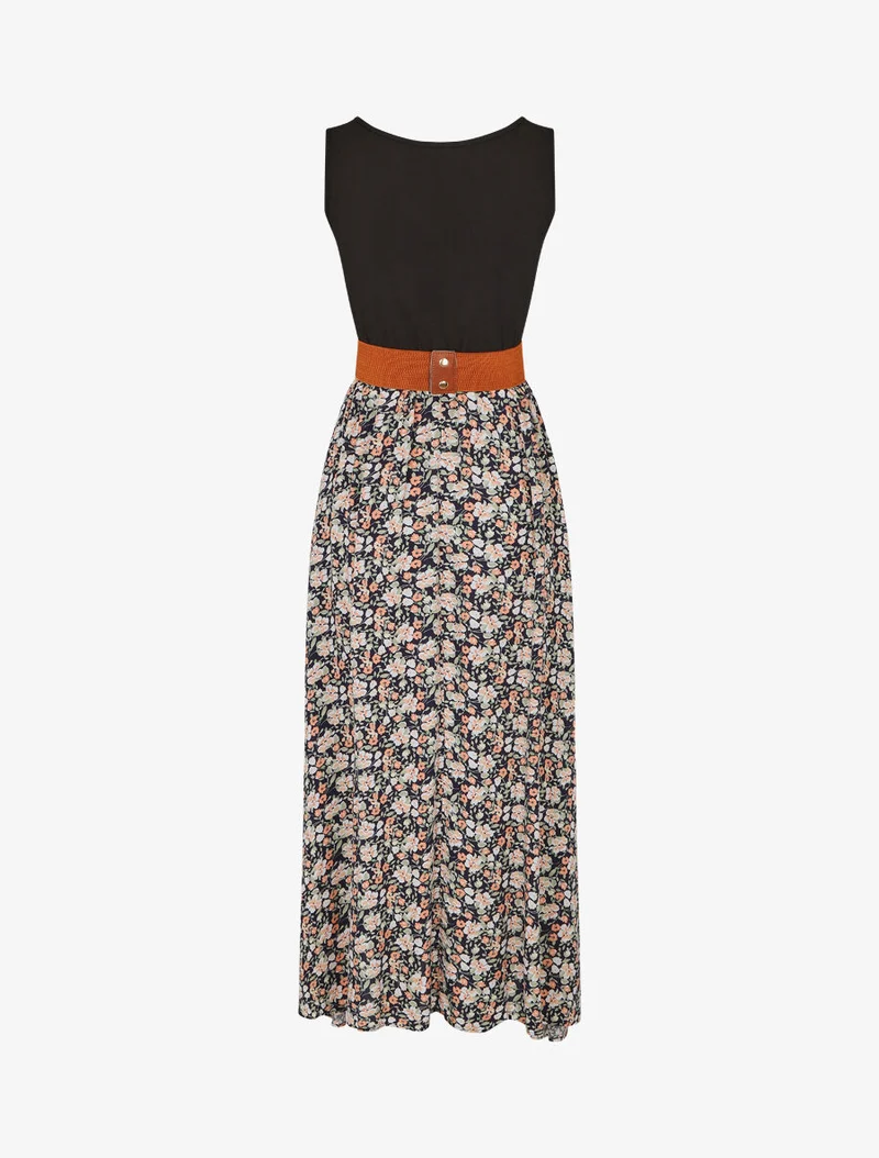 Zweifarbiges Kleid mit kleinem Blumenmuster - Marine