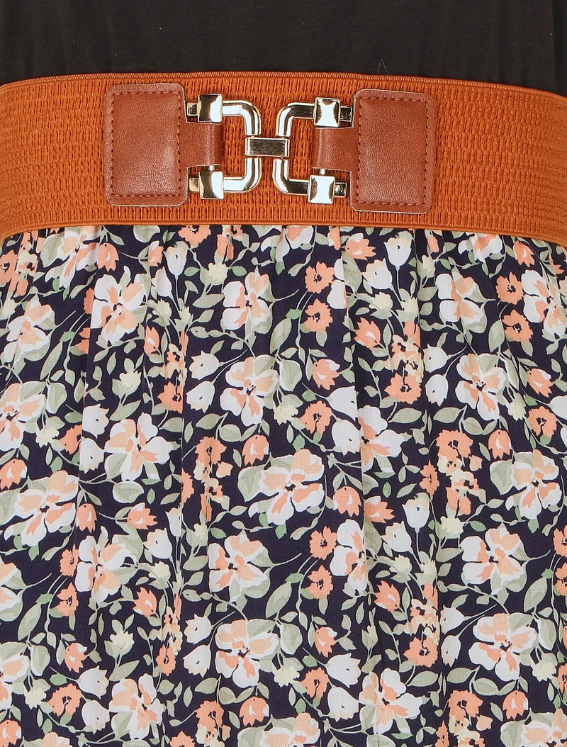Zweifarbiges Kleid mit kleinem Blumenmuster - Marine