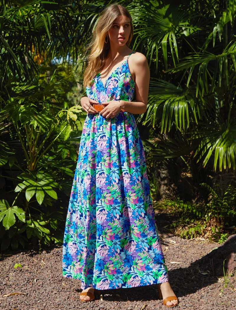Langes Kleid mit Wildblättern bedruckt und Trägern - Blau