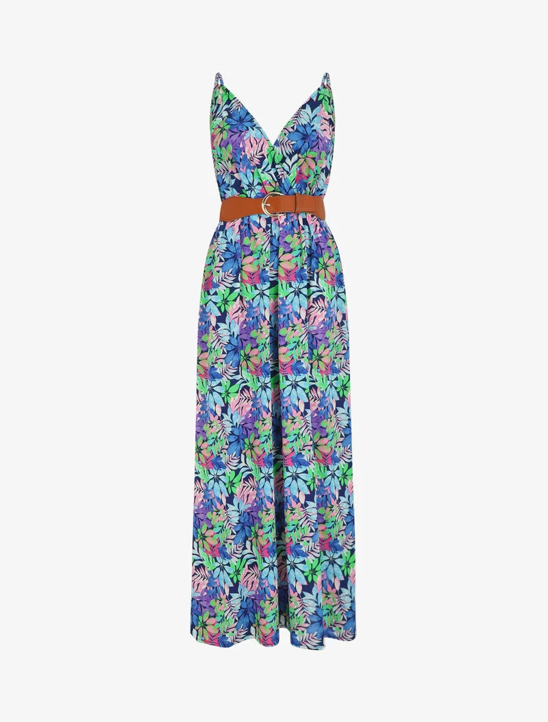 Langes Kleid mit Wildblättern bedruckt und Trägern - Blau