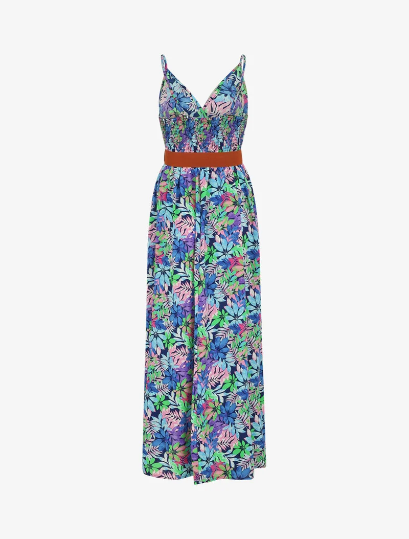 Langes Kleid mit Wildblättern bedruckt und Trägern - Blau