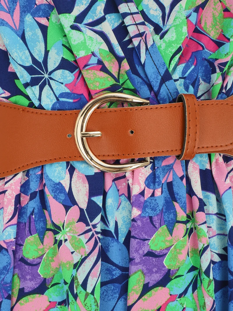 Langes Kleid mit Wildblättern bedruckt und Trägern - Blau