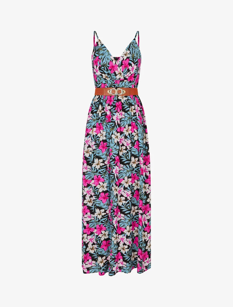 Langes Empire-Kleid mit Blumenmuster - Schwarz