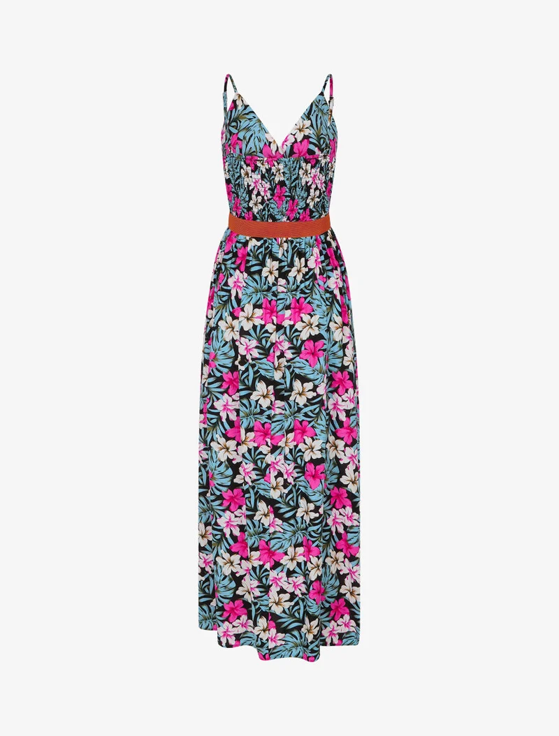 Langes Empire-Kleid mit Blumenmuster - Schwarz