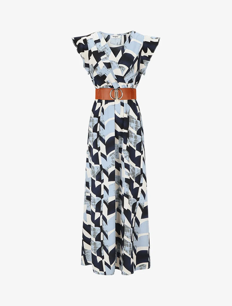Grafikdruck-Kleid mit kurzen, gerüschten Ärmeln - Blau