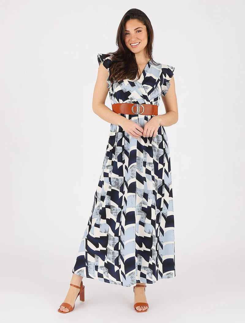 Grafikdruck-Kleid mit kurzen, gerüschten Ärmeln - Blau