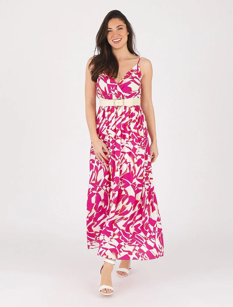Grafikbedrucktes Kleid mit schmalen Trägern - Fuchsia