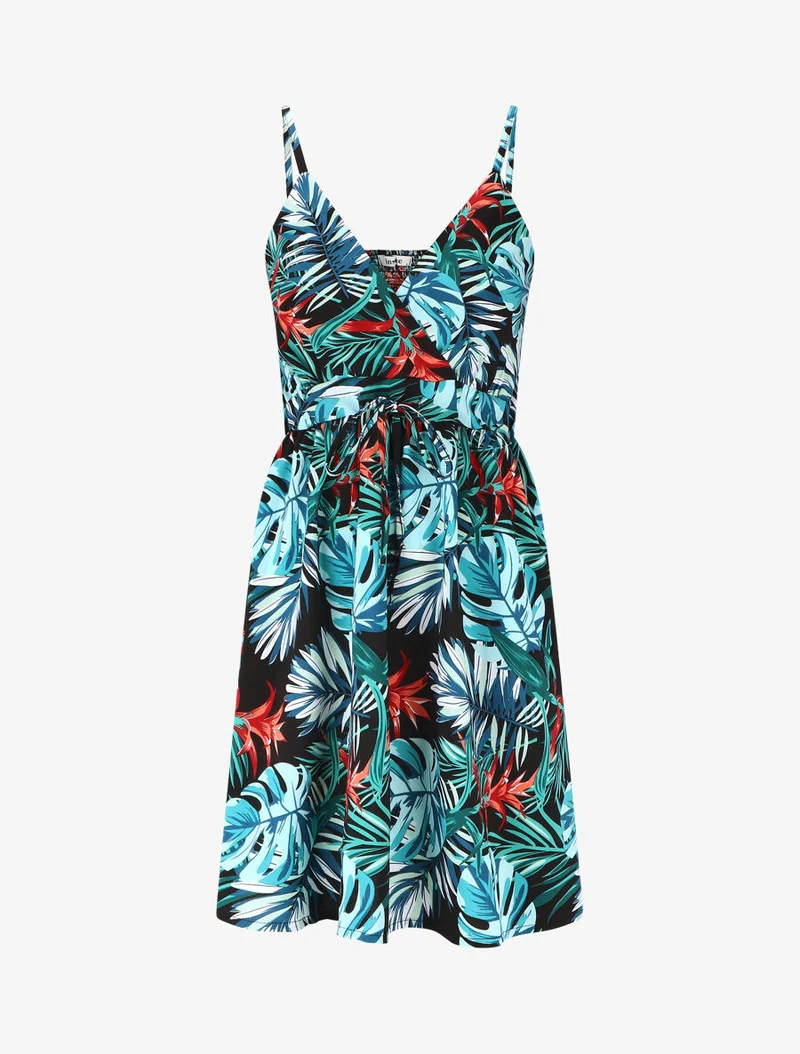Kurzes Kleid mit Blattdruck - Blau