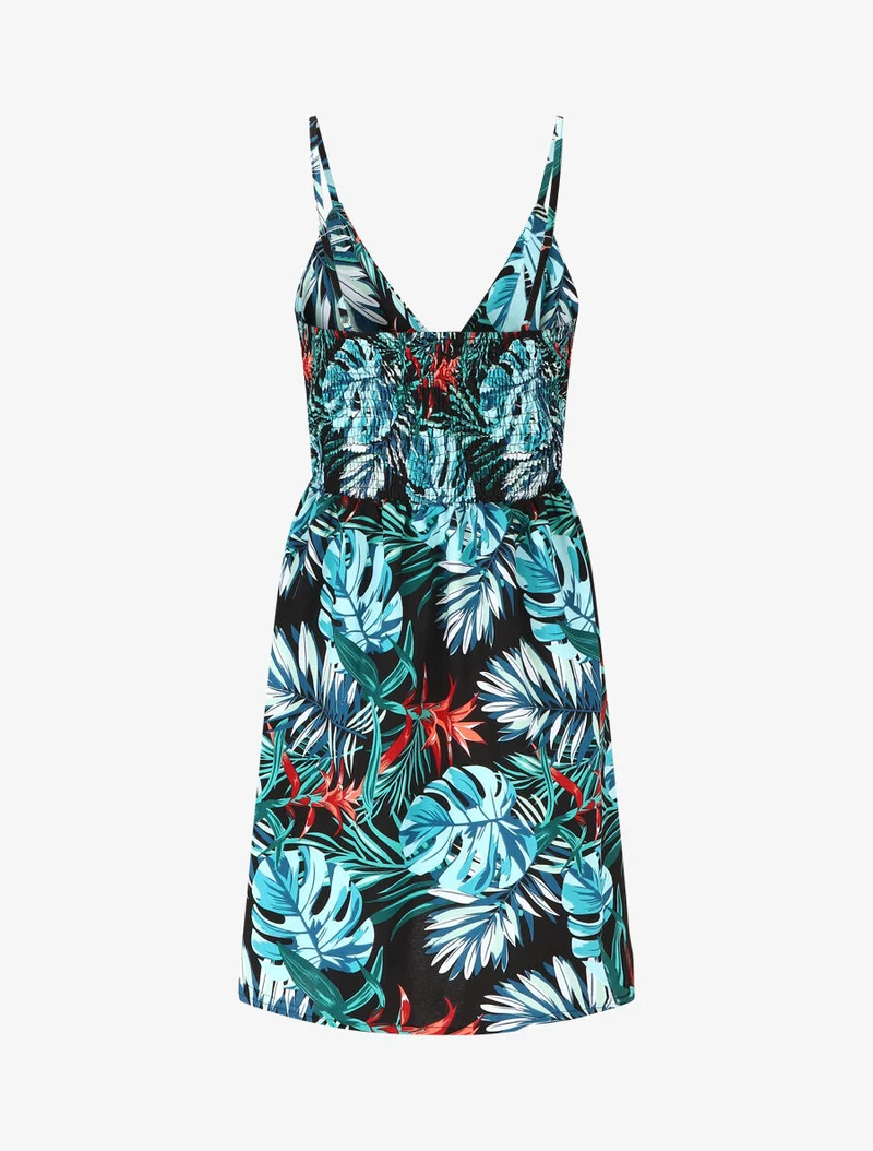 Kurzes Kleid mit Blattdruck - Blau