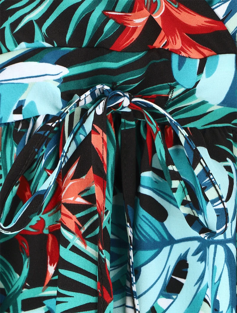 Kurzes Kleid mit Blattdruck - Blau