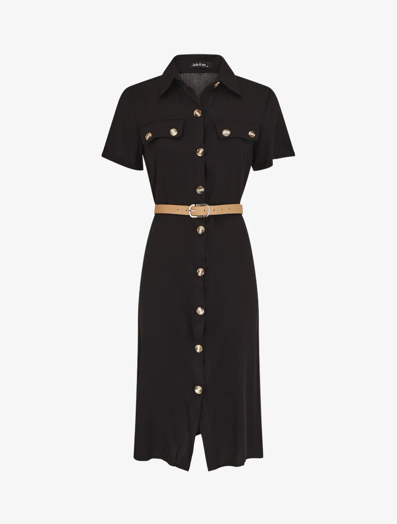 Gerade geschnittenes, knielanges Hemdkleid mit kurzen Ärmeln. - Schwarz